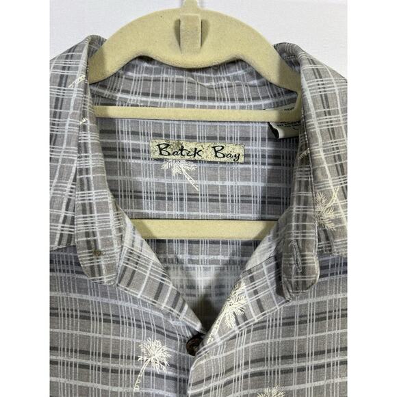 VTG Men’s Silk Button Down Hawaiian Shirt L Gray Pocket Polynesian Batik Bay - Picture 3 of 10